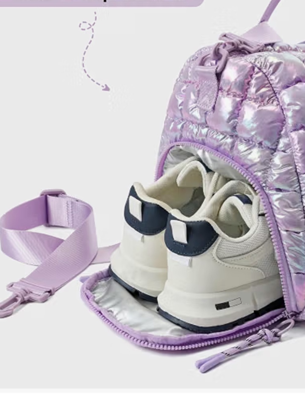 NWOT FODOKO iridescent Lilac puffer Duffel Bag with Shoe Compartment. - Picture 5 of 7